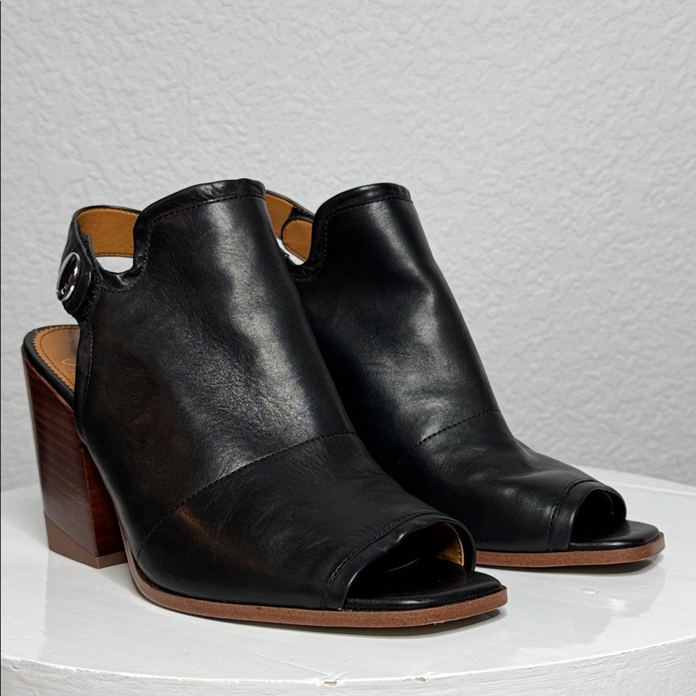 FRANCO SARTO ICELYNN BLACK LEATHER PEEP TOE BLOCK HEELED ANKLE STRAP BOOTIE - Picture 2 of 15